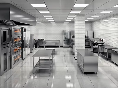 Stainless Steel Commercial Kitchen Equipment With Ovens Worktables And Cabinets 3d model