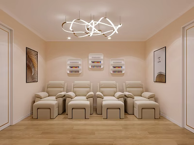 Elegant Modern Beauty Salon Interior Featuring Beige Armchairs Decorative Artworks And Modern Chandelier 3d model