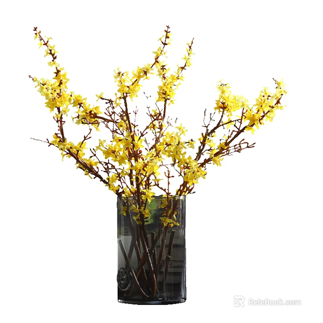 Elegant Potted Bonsai Plant with Yellow Flower Branches in Black Transparent Vase 3d model 