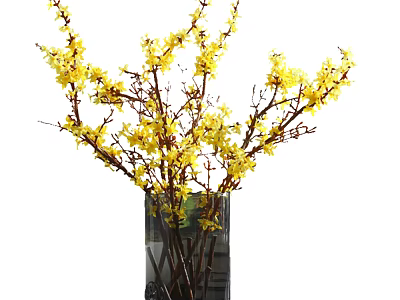 Elegant Potted Bonsai Plant with Yellow Flower Branches in Black Transparent Vase 3d model