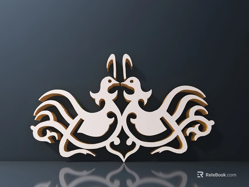 Symmetrical White Carved Roosters Design Against Dark Background With Reflection 3d model 