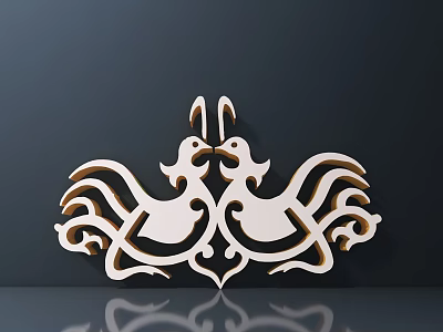 Symmetrical White Carved Roosters Design Against Dark Background With Reflection 3d model
