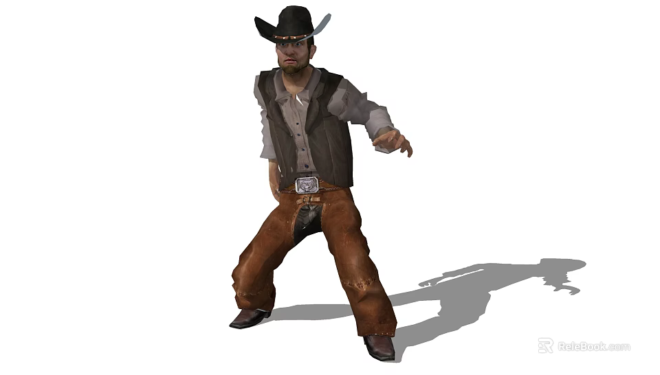 Game Movie Character Wearing Cowboy Hat Vest Shirt Brown Pants Belt Buckle Standing Pose 3d model 