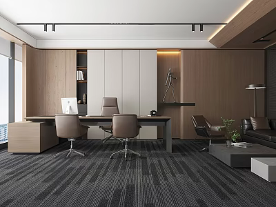 Modern Office Interior Design With Wooden Desk Chairs Sofa Green Plant And Soft Carpet 3d model