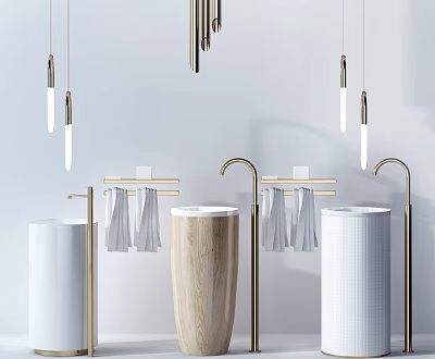 Modern Bathroom Design With Wooden Textured White Washbasins Golden Faucets Hanging Towels Pendant Lights 3d model