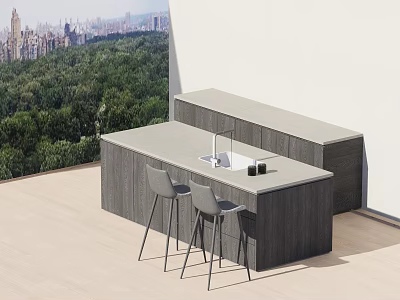 Kitchen Sink on Modern Kitchen Island with Gray Countertop Two Chairs Overlooking City Greenery View 3d model