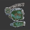 3D Rocky Landscape Scene With Green Grass Colorful Patches And Small Trees
