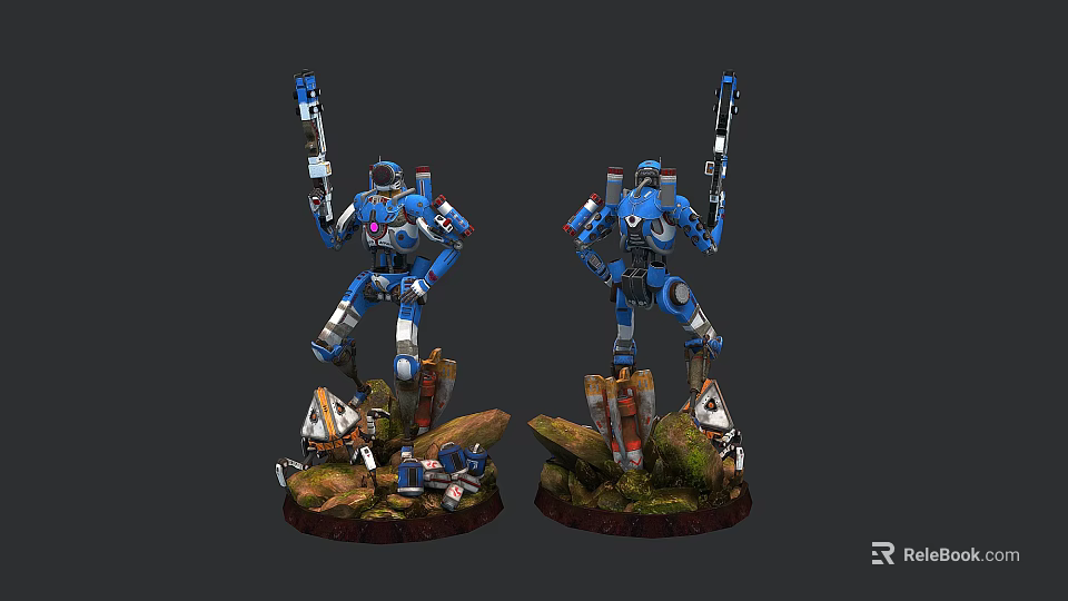 Two Blue Robots With Weapons On Rocky Base And Small Creatures Models 3d model
