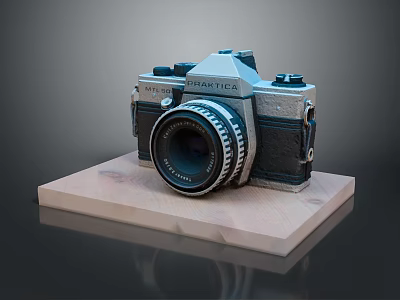 Vintage PRAKTICA Film Camera With Classic Lens On Wooden Display Base 3d model