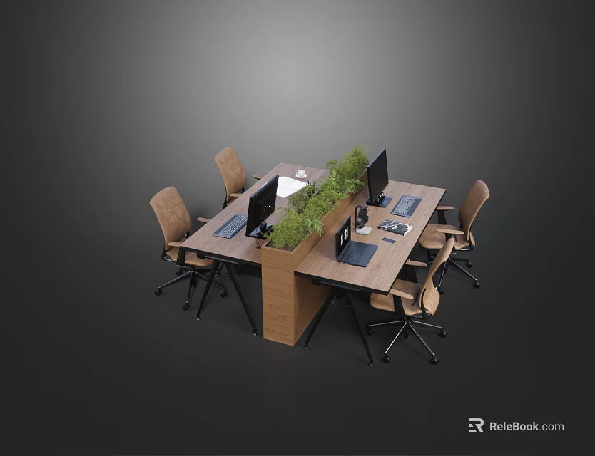 Modern Wooden Office Desk With Multiple Chairs Computer Monitors And Green Plants 3d model 