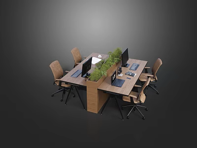 Modern Wooden Office Desk With Multiple Chairs Computer Monitors And Green Plants 3d model