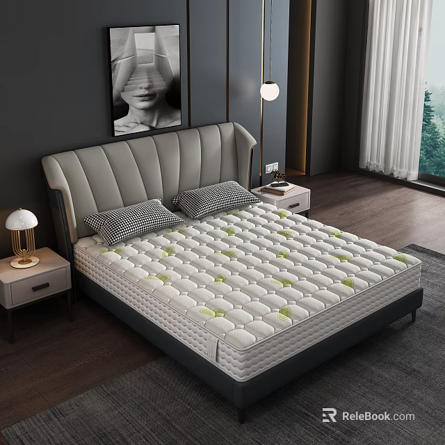 Modern Mattress With Green Leaf Patterns And Gray Upholstered Headboard In Bedroom 3d model 