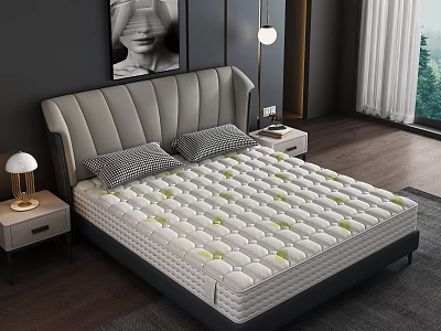 Modern Mattress With Green Leaf Patterns And Gray Upholstered Headboard In Bedroom 3d model