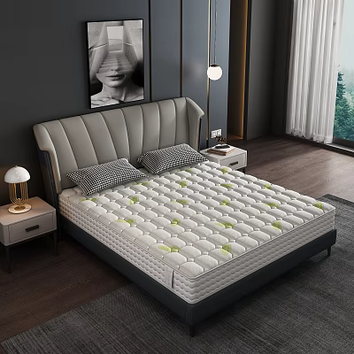 Modern Mattress With Green Leaf Patterns And Gray Upholstered Headboard In Bedroom 3d model