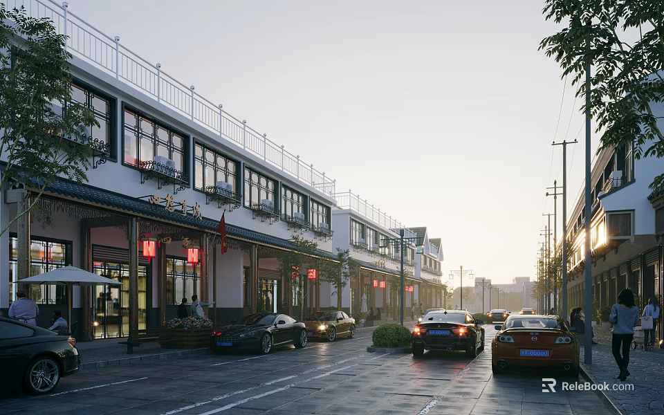 Traditional Chinese Architecture Commercial Street With Shops Red Lanterns Cars And Evening Scene 3d model 