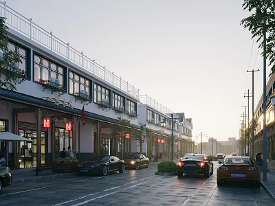 Traditional Chinese Architecture Commercial Street With Shops Red Lanterns Cars And Evening Scene 3d model