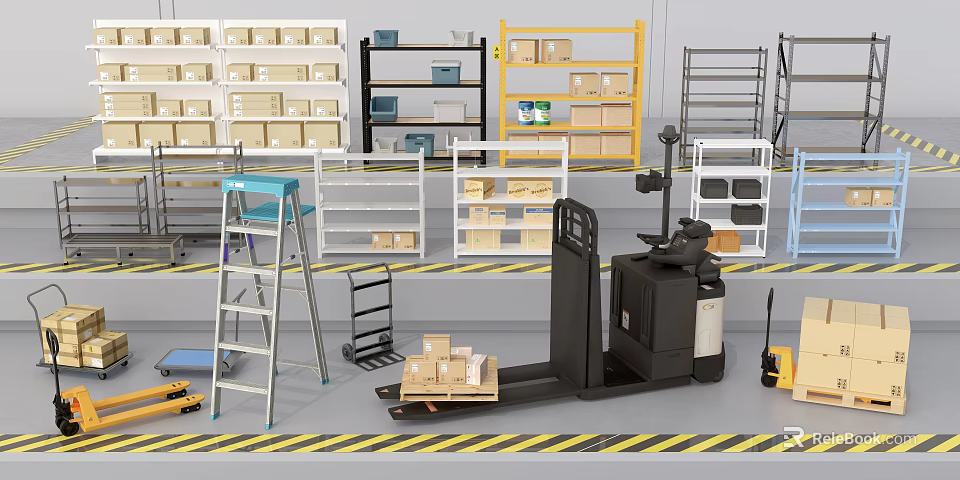 Industrial Warehouse Equipment With Forklift Metal Shelves Storage Boxes And Ladder 3d model 