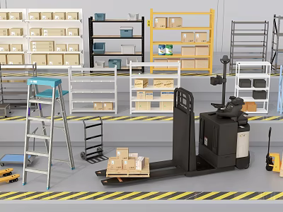Industrial Warehouse Equipment With Forklift Metal Shelves Storage Boxes And Ladder 3d model