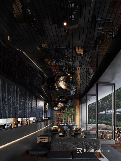 Modern Restaurant Interior Design With Open Layout Marble Elements And Green Plants 3d model