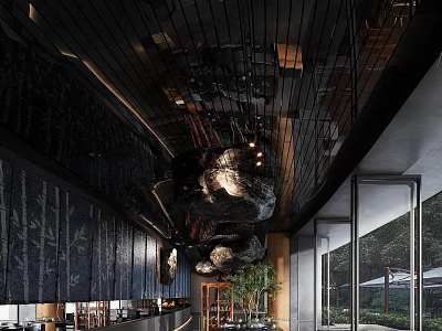 Modern Restaurant Interior Design With Open Layout Marble Elements And Green Plants 3d model