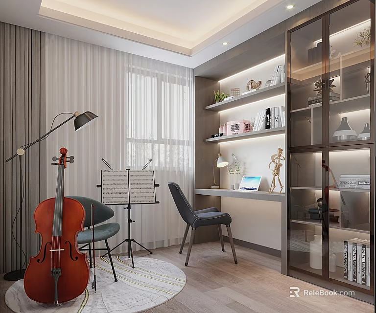 Modern Study Room Interior With Cello Music Stand Desk Laptop Green Plants And Bookshelves 3d model 