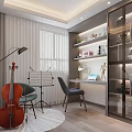 Modern Study Room Interior With Cello Music Stand Desk Laptop Green Plants And Bookshelves