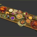 Assorted Delicious Foods Including Roast Meat Vegetables Sauces and Desserts on Wooden Platter