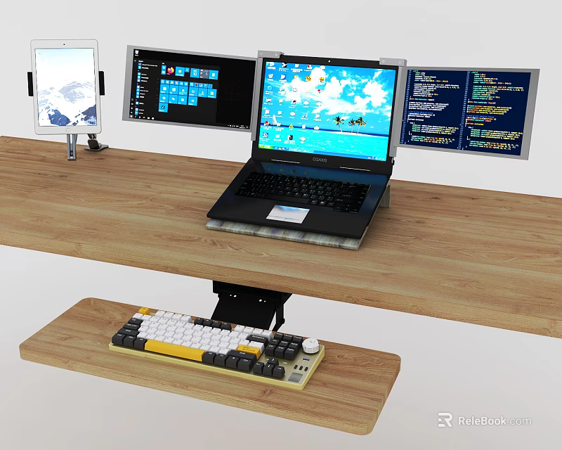 Ergonomic Laptop Workstation Setup With Multiple Monitors and Keyboard On Wooden Desk 3d model 