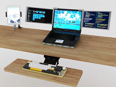 Ergonomic Laptop Workstation Setup With Multiple Monitors and Keyboard On Wooden Desk 3d model