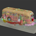 Vintage Cream Bus Model With Yellow Lines On Grass Platform Base 3d model