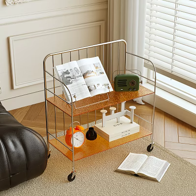 Modern Mobile End Table With Metal Frame Wheels Magazine Radio Alarm Clock Book 3d model