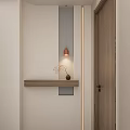 Minimalist Foyer Hallway Design With Wooden Shelf Decorative Ornaments And Warm Lighting