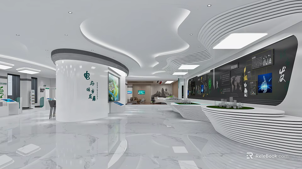 Modern Exhibition Hall Interior With White Curved Pillar Marble Floor And Display Wall 3d model 