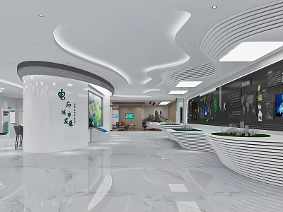 Modern Exhibition Hall Interior With White Curved Pillar Marble Floor And Display Wall 3d model