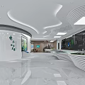 Modern Exhibition Hall Interior With White Curved Pillar Marble Floor And Display Wall
