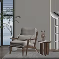Comfortable Leisure Chair with White Cushion Wooden Armrest Side Table Bear Ornament Floor Lamp Plant