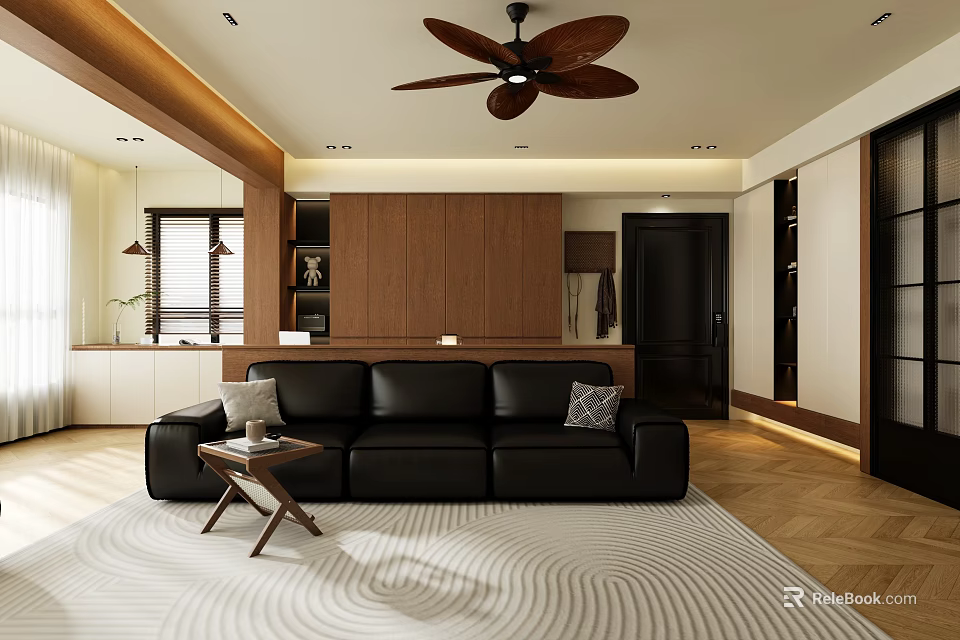 Modern Living Dining Room Interior With Black Leather Sofa Wooden Ceiling Fan And Patterned Area Rug 3d model 