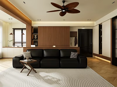 Modern Living Dining Room Interior With Black Leather Sofa Wooden Ceiling Fan And Patterned Area Rug 3d model