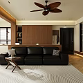 Modern Living Dining Room Interior With Black Leather Sofa Wooden Ceiling Fan And Patterned Area Rug