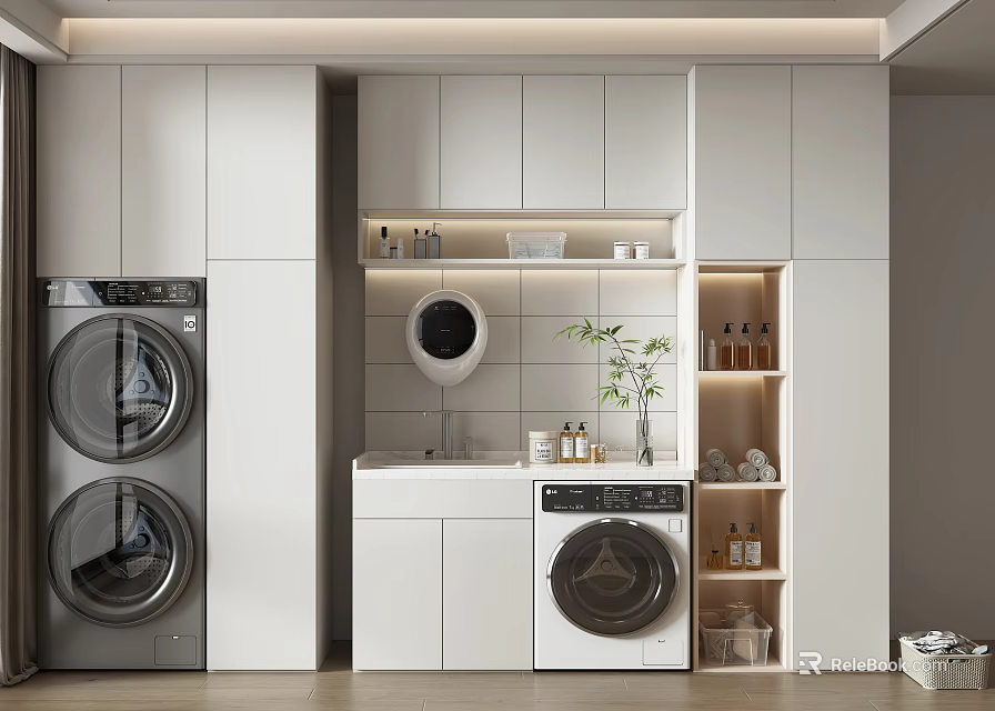 Modern White Bathroom Cabinet Rack With Washing Machine And Dryer Storage 3d model 