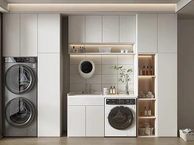 Modern White Bathroom Cabinet Rack With Washing Machine And Dryer Storage 3d model