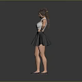 Woman In Light Blue Sleeveless Top Black Pleated Skirt Brown Curly Hair Hands On Hips