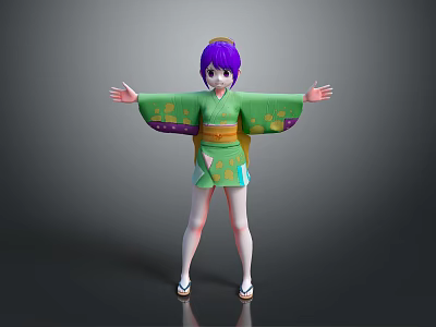 Game Movie Character With Purple Hair In Green Kimono And Outstretched Arms 3d model