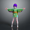Game Movie Character With Purple Hair In Green Kimono And Outstretched Arms