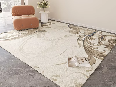 Modern Living Room Square Rug With Elegant Patterns And Light Brown Sofa 3d model