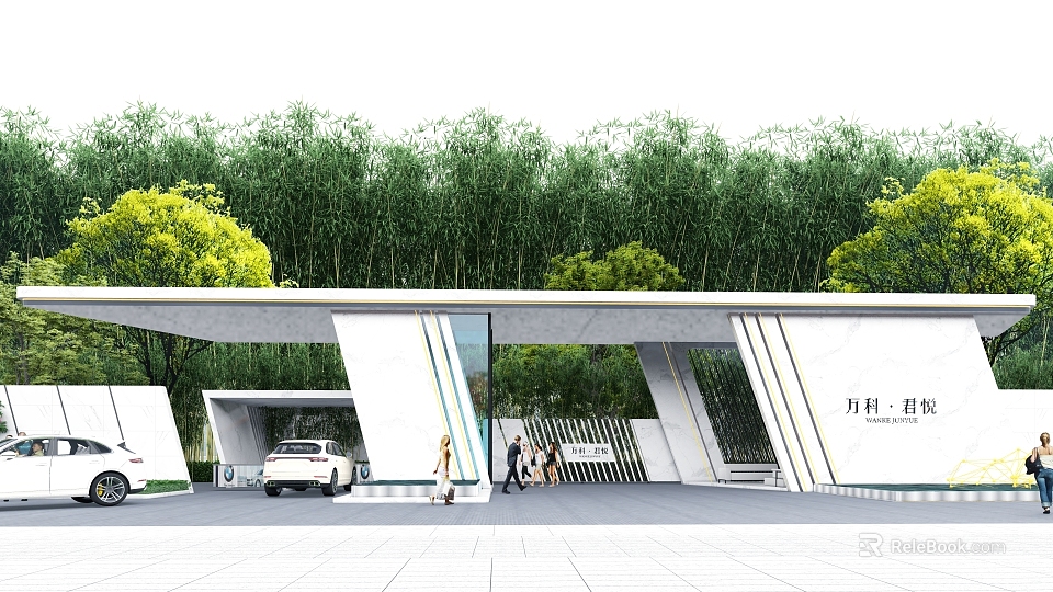 Modern Entrance Gate Design With Trees Parked Car And Walking Pedestrians 3d model 