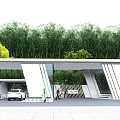 Modern Entrance Gate Design With Trees Parked Car And Walking Pedestrians