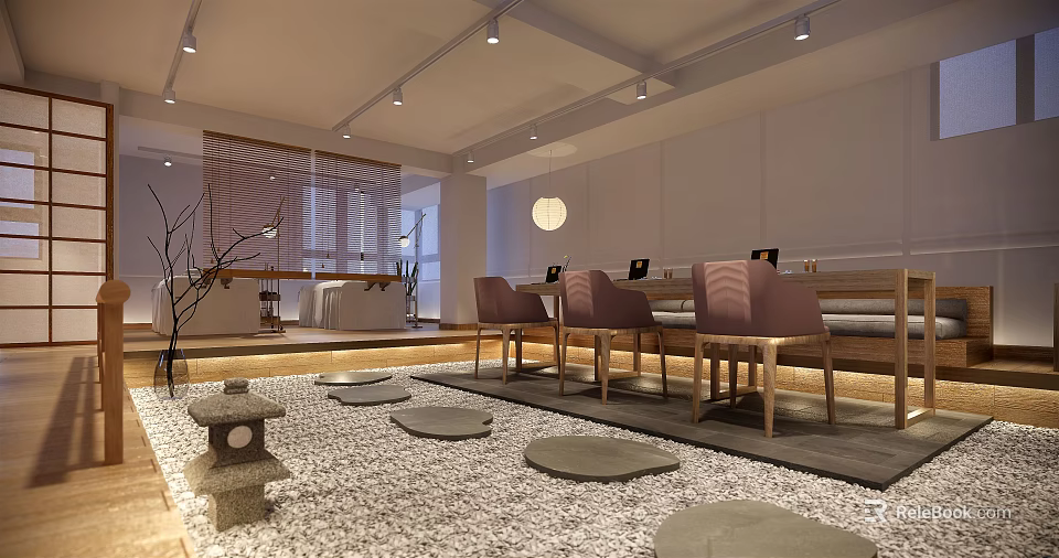 Modern Beauty Salon Interior With Wooden Tables Chairs Soft Lighting Stone Lantern And Pebble Decor 3d model 