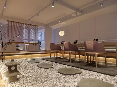 Modern Beauty Salon Interior With Wooden Tables Chairs Soft Lighting Stone Lantern And Pebble Decor 3d model