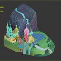 Whimsical Cartoon Fantasy Scenery With Mountain Waterfall Castle Lake Path And Trees